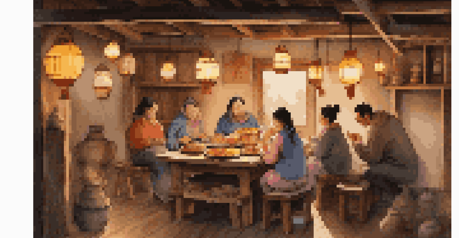 A family sharing a meal in a warmly lit rustic home, surrounded by traditional dishes and handmade crafts.