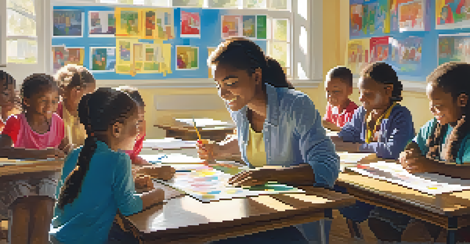 A young female volunteer teaching children in an engaging classroom filled with educational posters and bright sunlight.