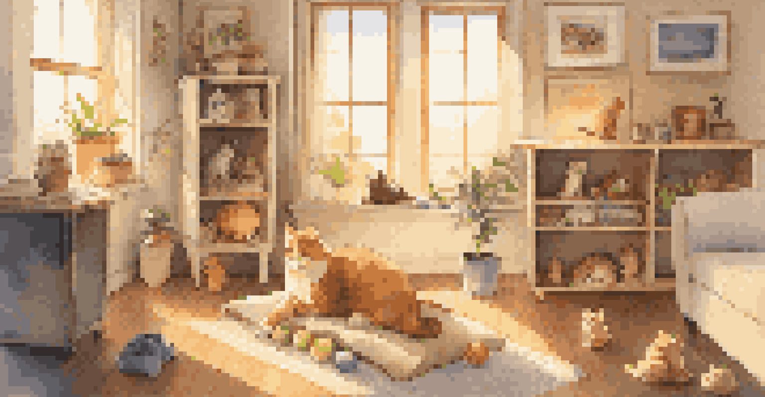 A pet cat resting in its bed surrounded by toys and a food bowl in a warmly lit indoor space, with sunlight filtering through a window.