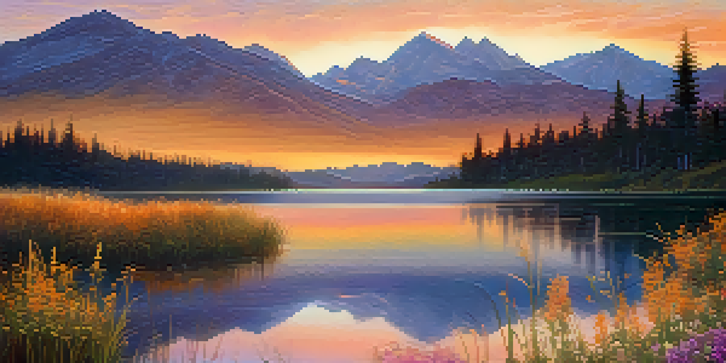 A peaceful landscape at sunset with a lake reflecting warm colors, surrounded by wildflowers and distant mountains.