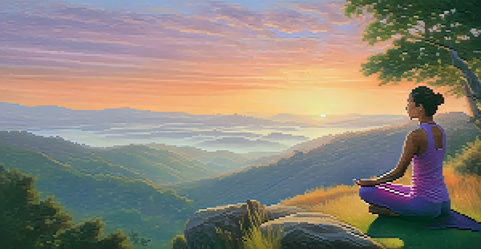 A person practicing yoga at sunrise on a mountaintop, surrounded by lush greenery and a stunning view of rolling hills and misty valleys.