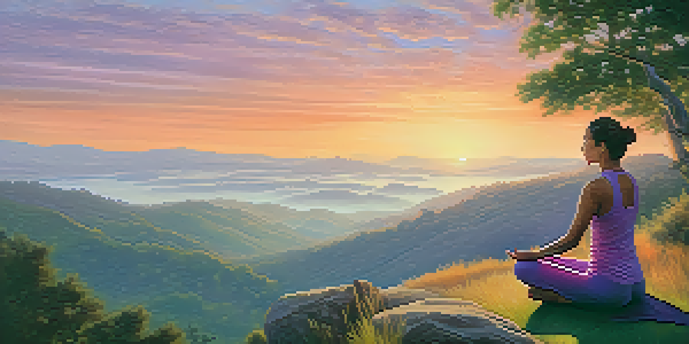 A person practicing yoga at sunrise on a mountaintop, surrounded by lush greenery and a stunning view of rolling hills and misty valleys.