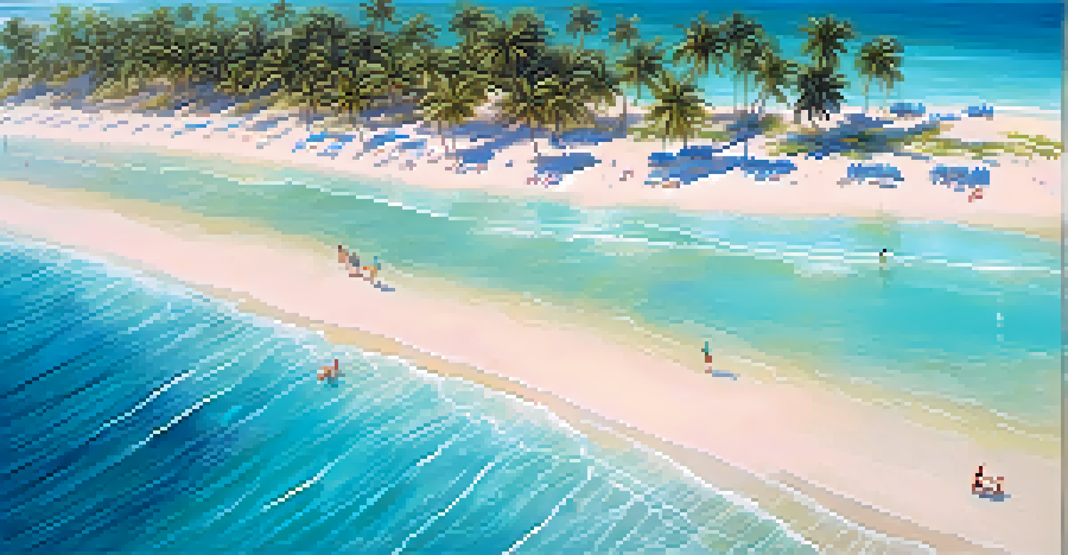 An aerial view of a serene tropical beach with turquoise waters and white sand, dotted with palm trees.