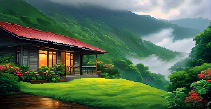 A picturesque hill station during the monsoon, featuring misty mountains, vibrant flowers, and a cozy cabin surrounded by lush greenery.