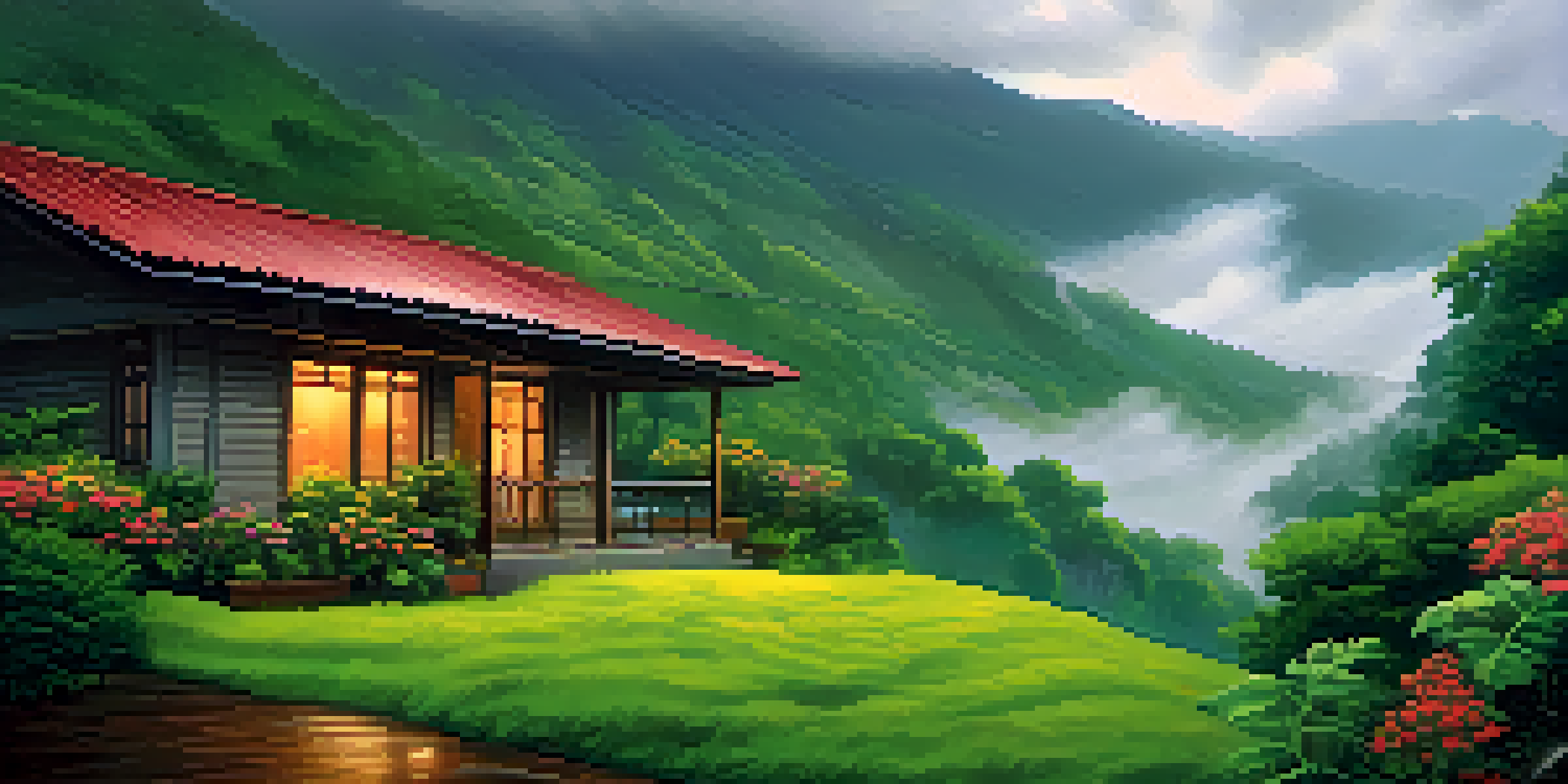 A picturesque hill station during the monsoon, featuring misty mountains, vibrant flowers, and a cozy cabin surrounded by lush greenery.