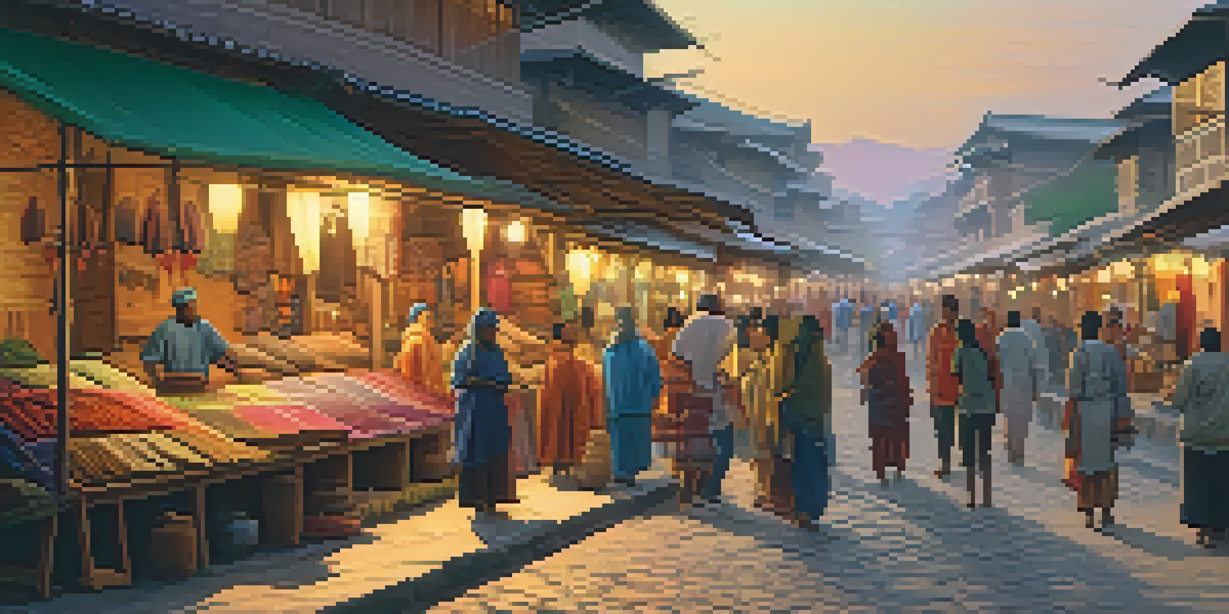 A sunset street scene depicting locals engaged in traditional crafts in a vibrant market, highlighting cultural sensitivity.