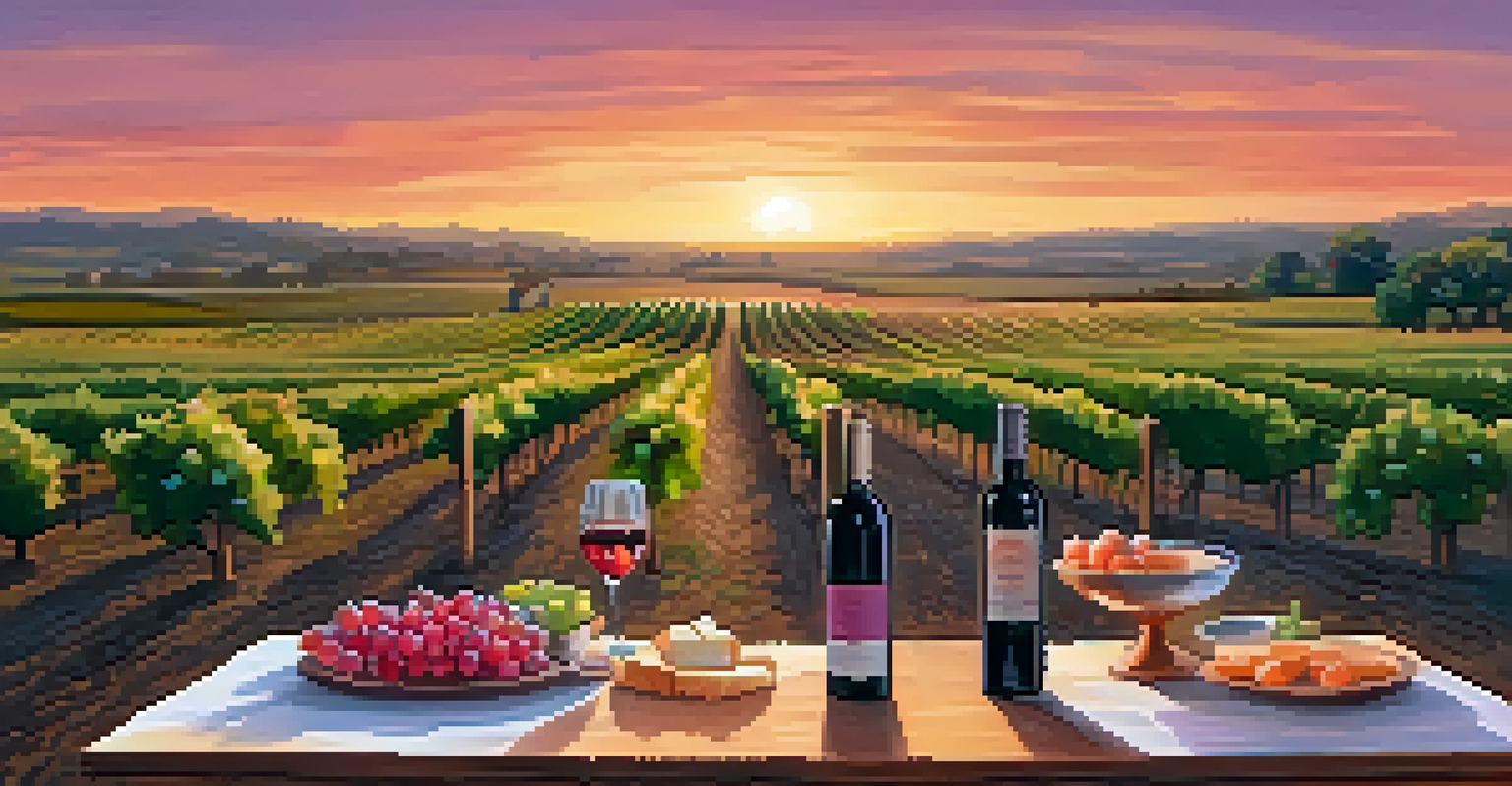A vineyard landscape at sunset with grapevines and a rustic table featuring local wine and cheese, under a colorful sky.