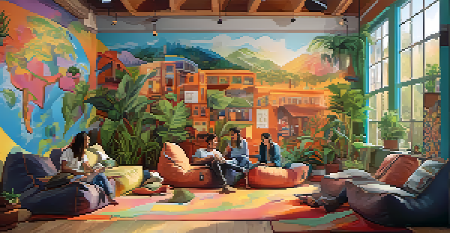 A lively hostel common area with travelers on bean bags, colorful murals on the walls, and plants, fostering a sense of community.