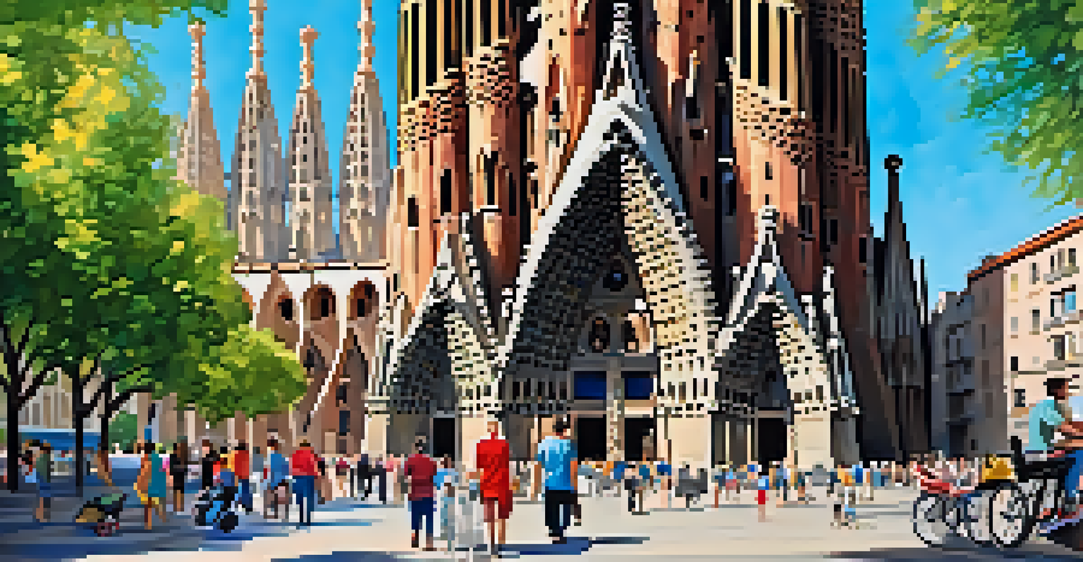 A lively street in Barcelona with the Sagrada Familia, featuring a family with a stroller and a person in a wheelchair.