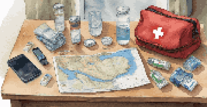 An emergency travel kit displayed on a table with essential items like a first aid kit, flashlight, and snacks, illuminated by natural light.