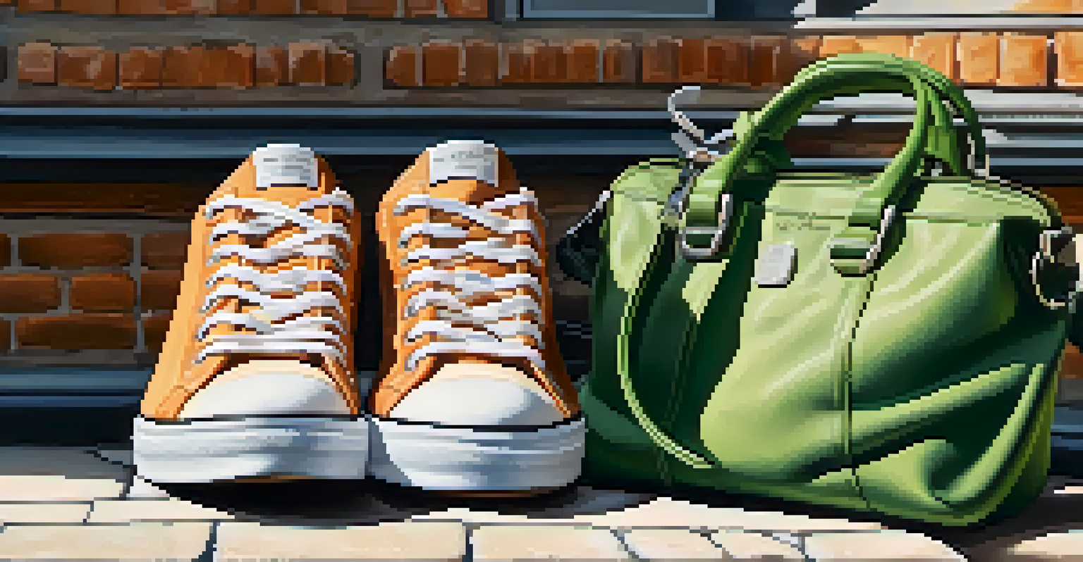 Trendy sneakers and a crossbody bag on a cobblestone street with charming city architecture in the background.