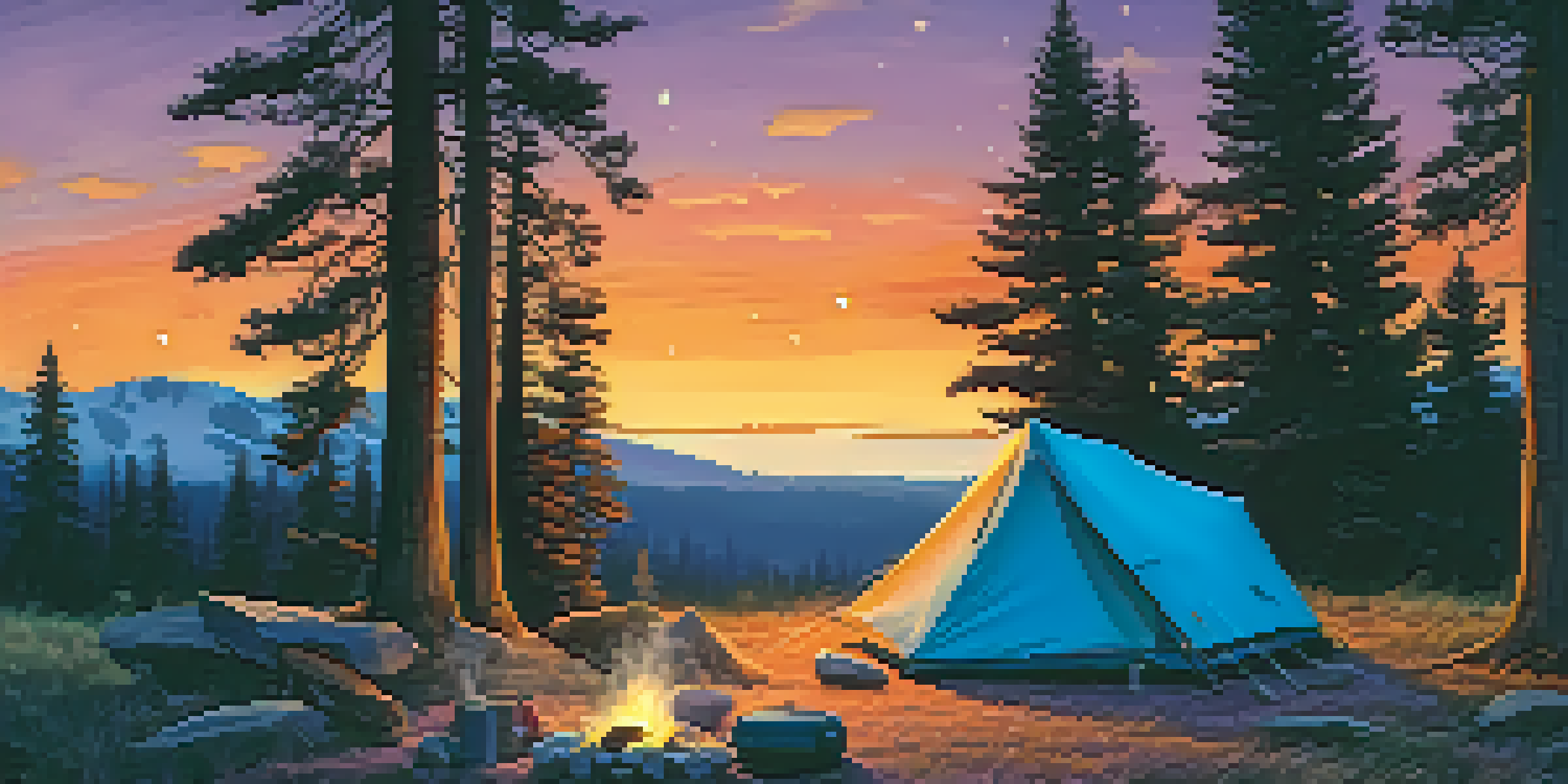 A camping scene with a brightly lit tent and a campfire surrounded by trees at dusk.