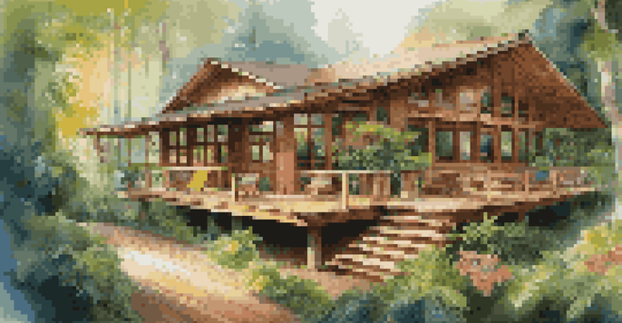 An eco-lodge surrounded by a lush rainforest, with wooden structures and vibrant plants, illuminated by sunlight.