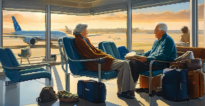 A senior couple sitting in an airport lounge, looking relaxed with travel essentials around them.