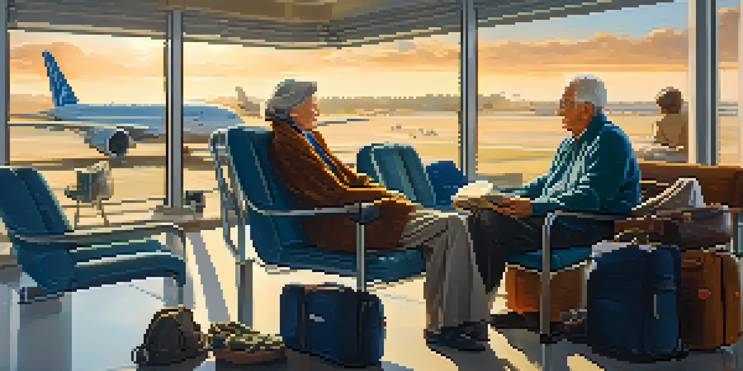 A senior couple sitting in an airport lounge, looking relaxed with travel essentials around them.