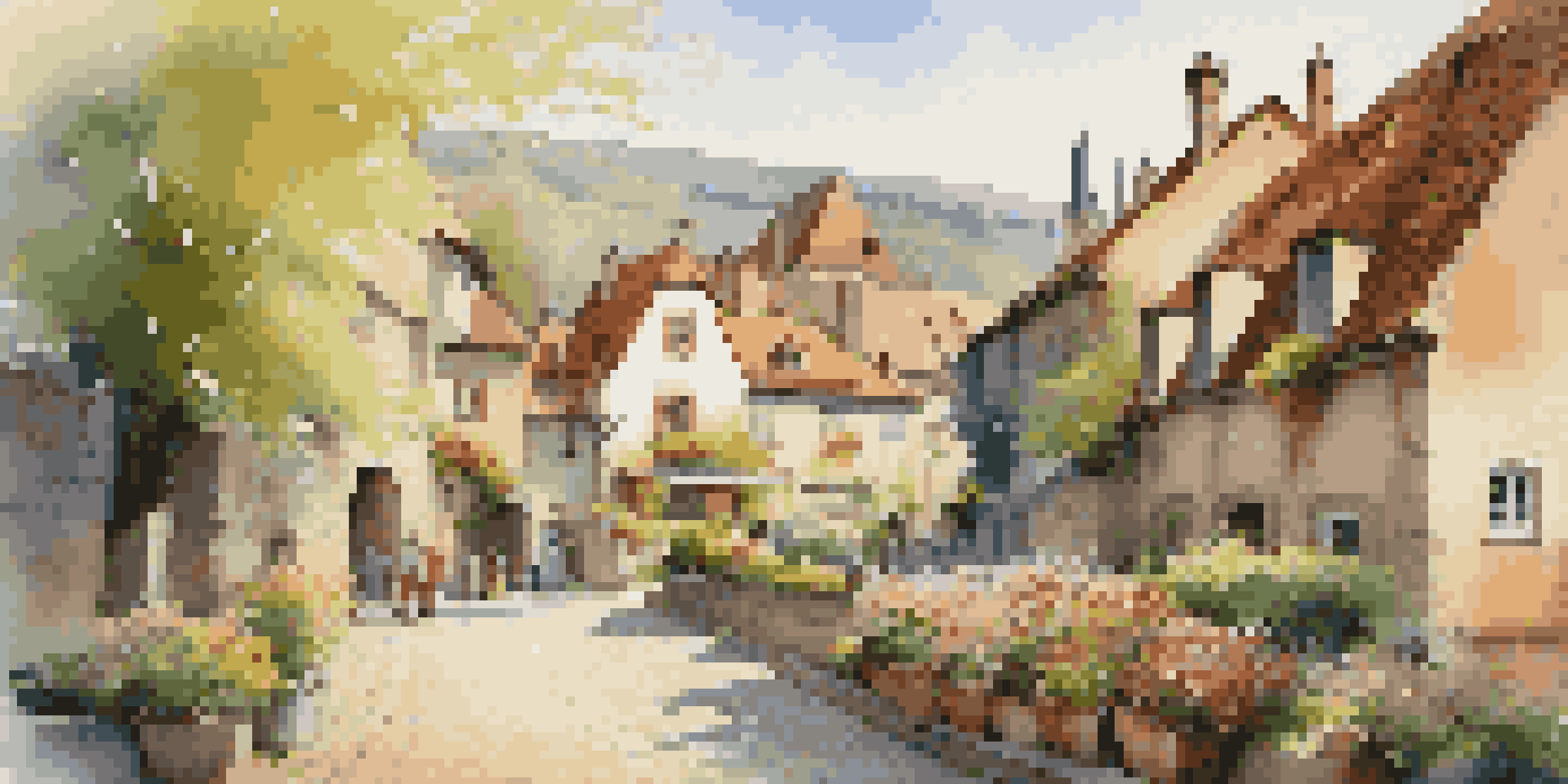 A peaceful European village in spring with blooming flowers, cobblestone streets, and sunlight filtering through trees.