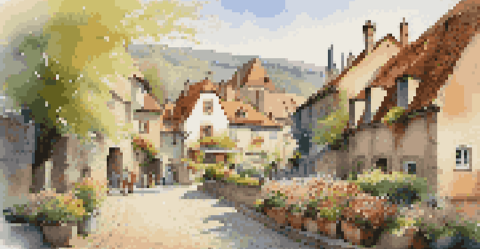 A peaceful European village in spring with blooming flowers, cobblestone streets, and sunlight filtering through trees.