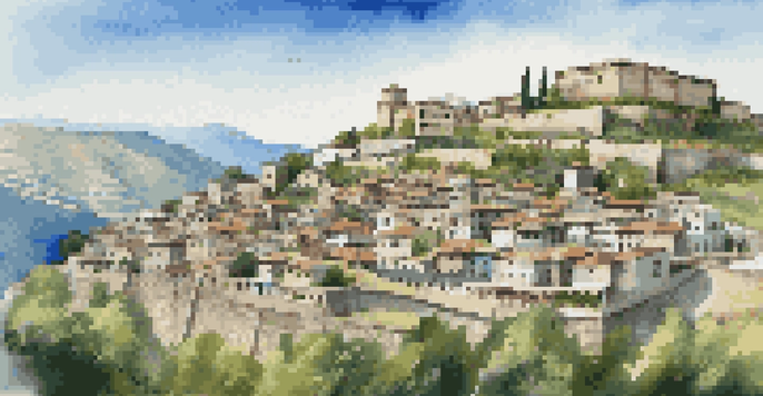Panoramic view of Gjirokastër, Albania, featuring Ottoman architecture and a castle on a hill with green mountains in the background.