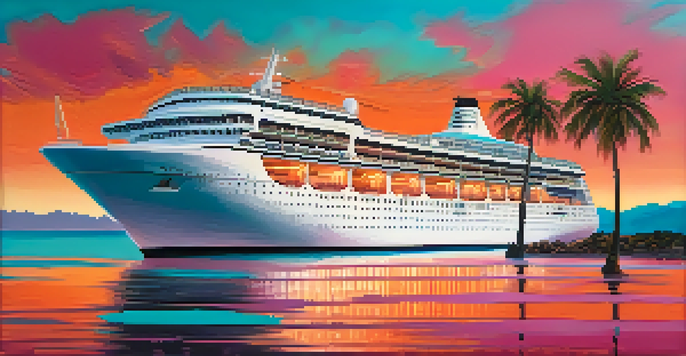 A cruise ship sailing through calm turquoise waters at sunset, with a colorful sky and palm trees on a nearby island.
