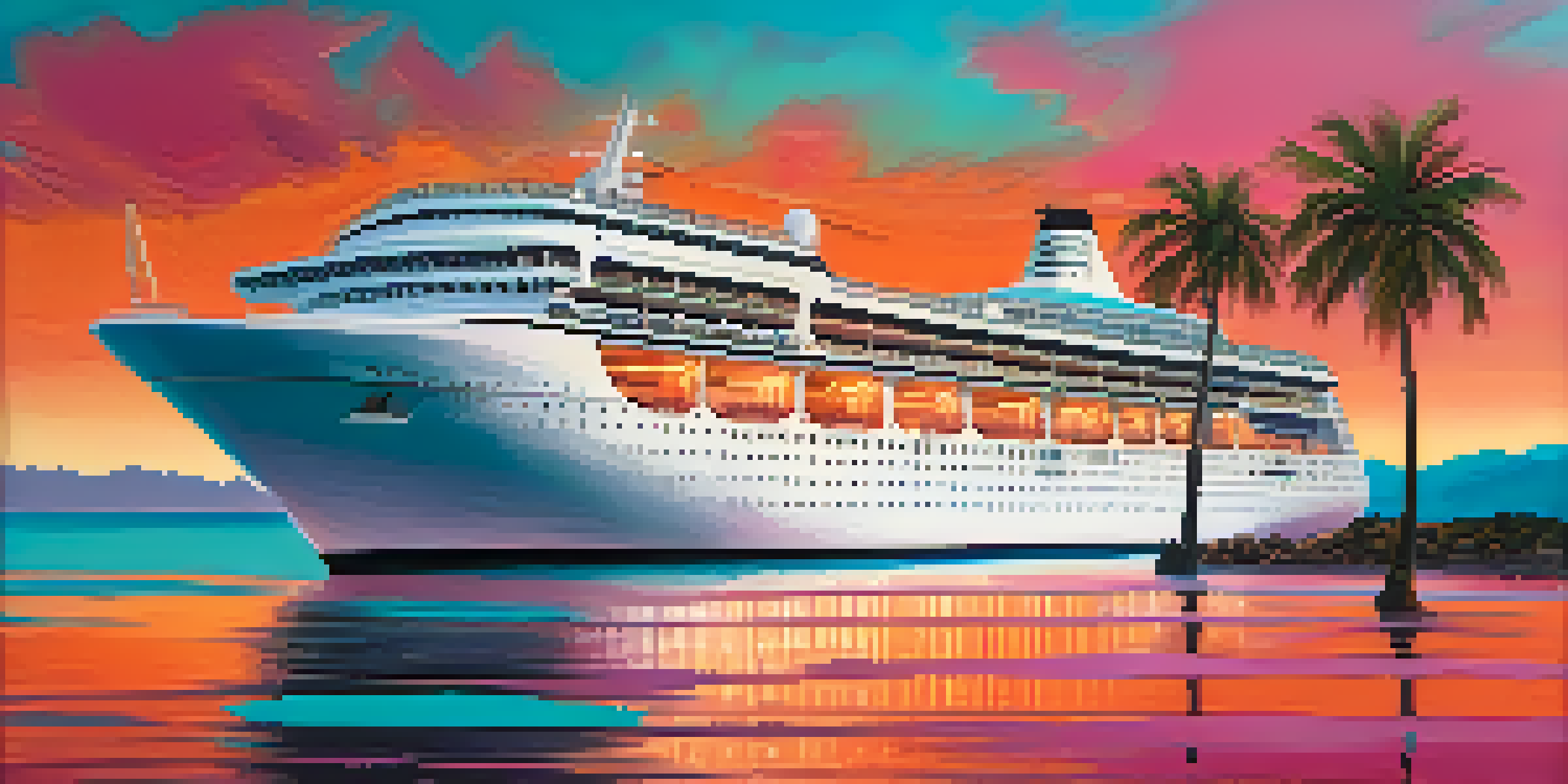A cruise ship sailing through calm turquoise waters at sunset, with a colorful sky and palm trees on a nearby island.