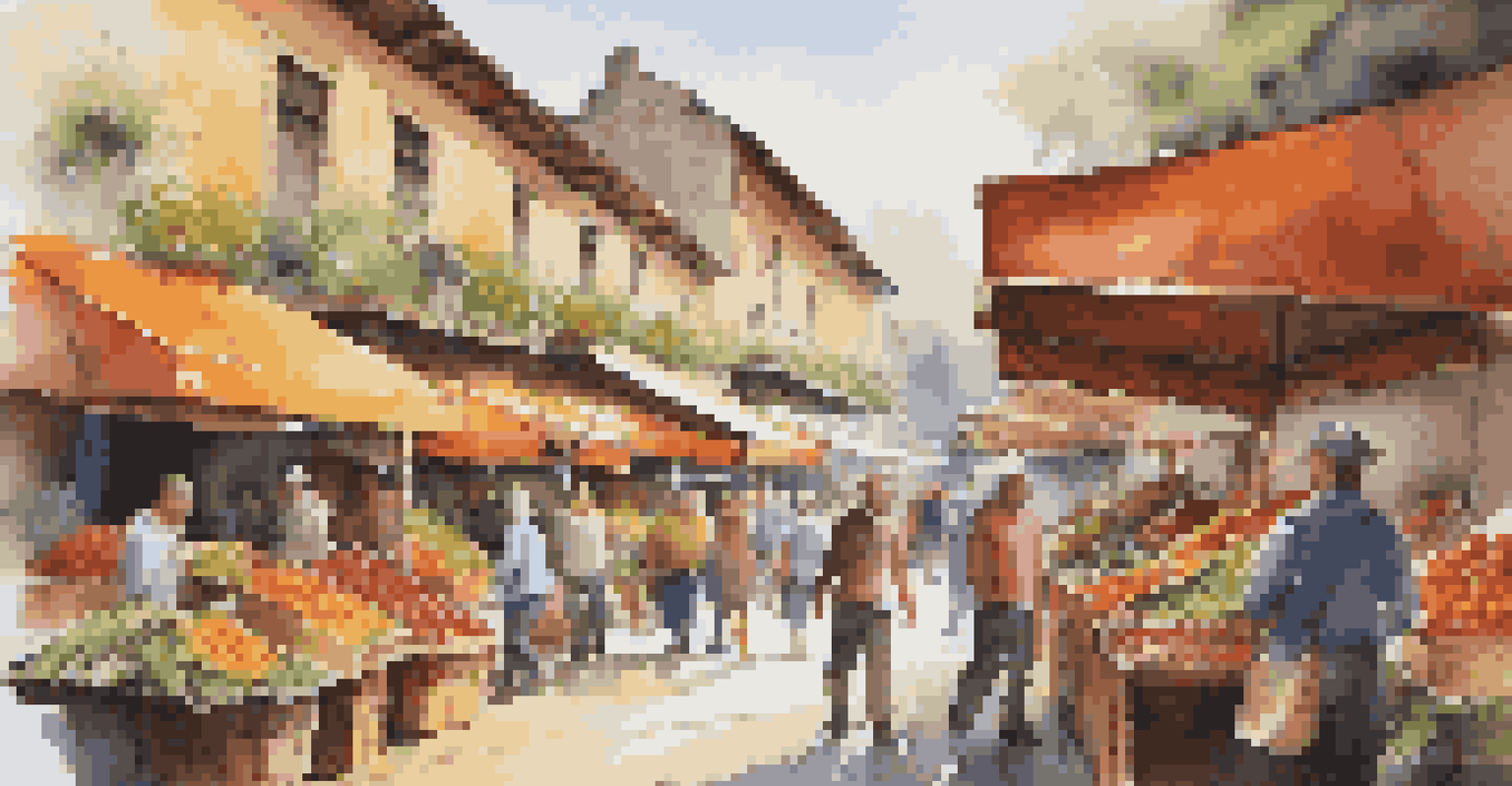 A lively outdoor market with colorful stalls and shoppers interacting.