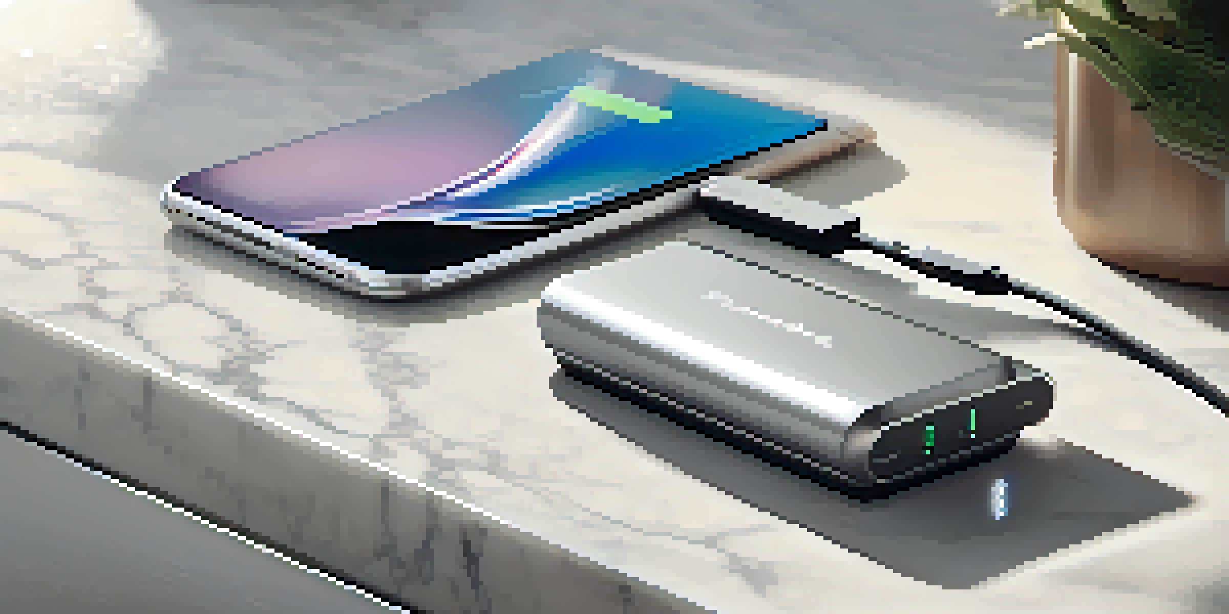 A modern power bank charging a smartphone and a tablet on a marble countertop, with natural sunlight illuminating the scene.