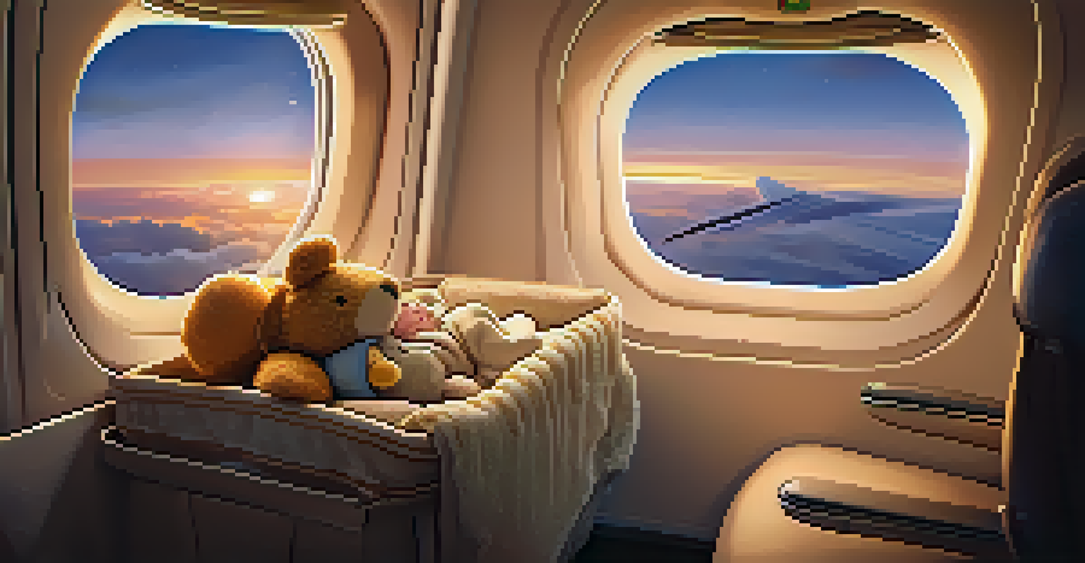 An infant sleeping in a bassinet on an airplane, surrounded by plush toys, with a sunset view from the window.