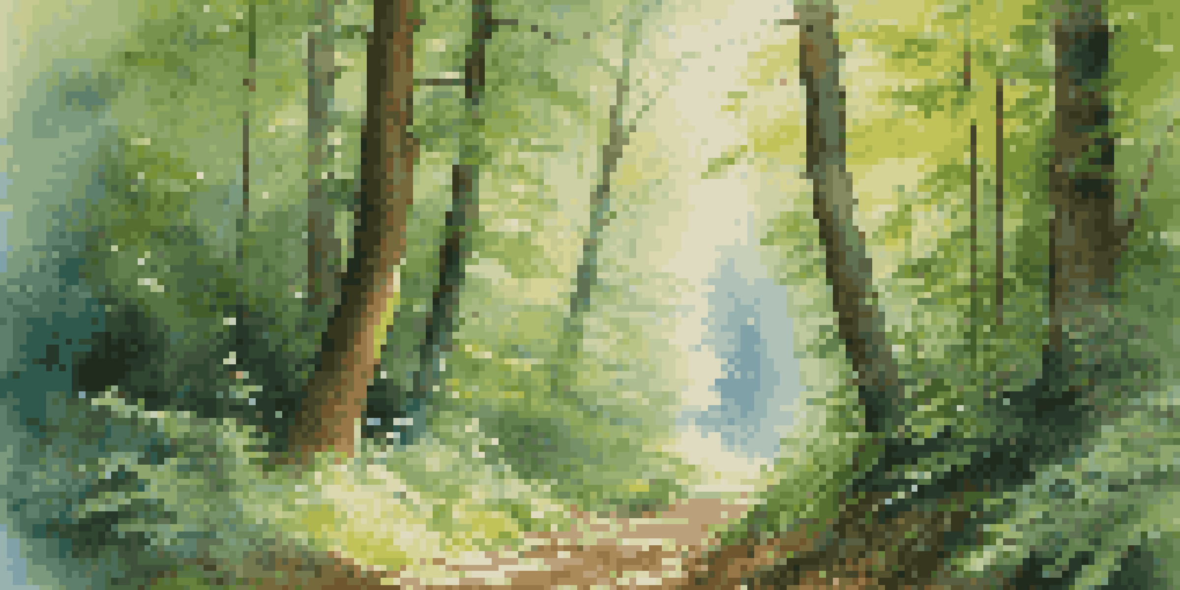 A tranquil forest in the Blue Ridge Mountains with tall trees and sunlight peeking through the leaves, creating a misty path.