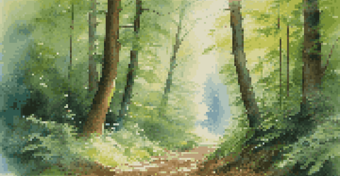 A tranquil forest in the Blue Ridge Mountains with tall trees and sunlight peeking through the leaves, creating a misty path.