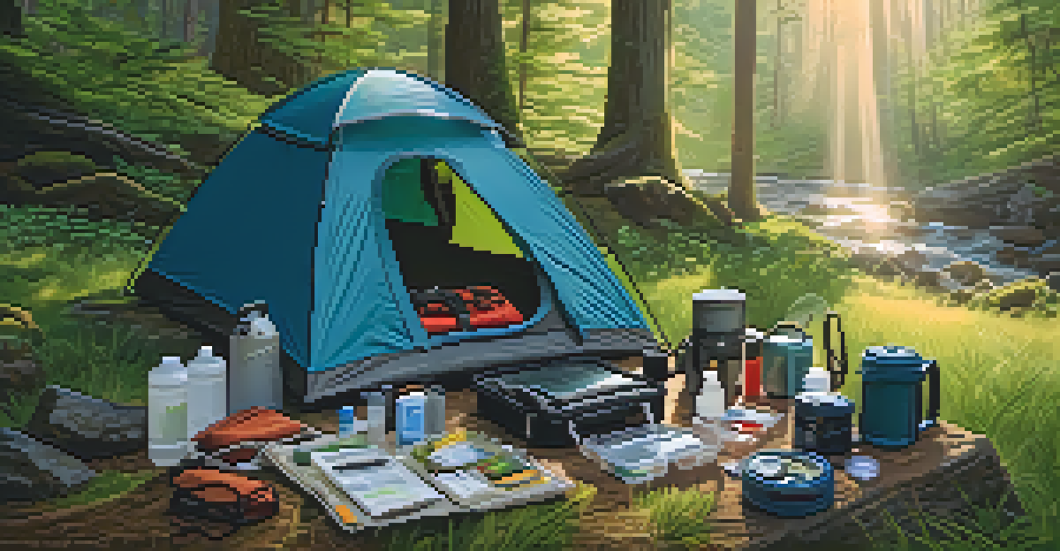 An organized camping setup with a tent, stove, cookware, and first aid kit on grass, surrounded by a forest.