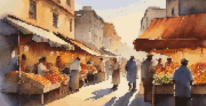 A bustling street market at sunset with colorful stalls of fruits and vegetables, people browsing and chatting in warm light.
