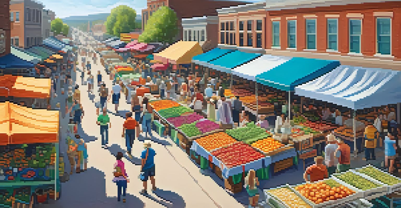 A lively farmers market with colorful produce and people enjoying the community atmosphere from above.