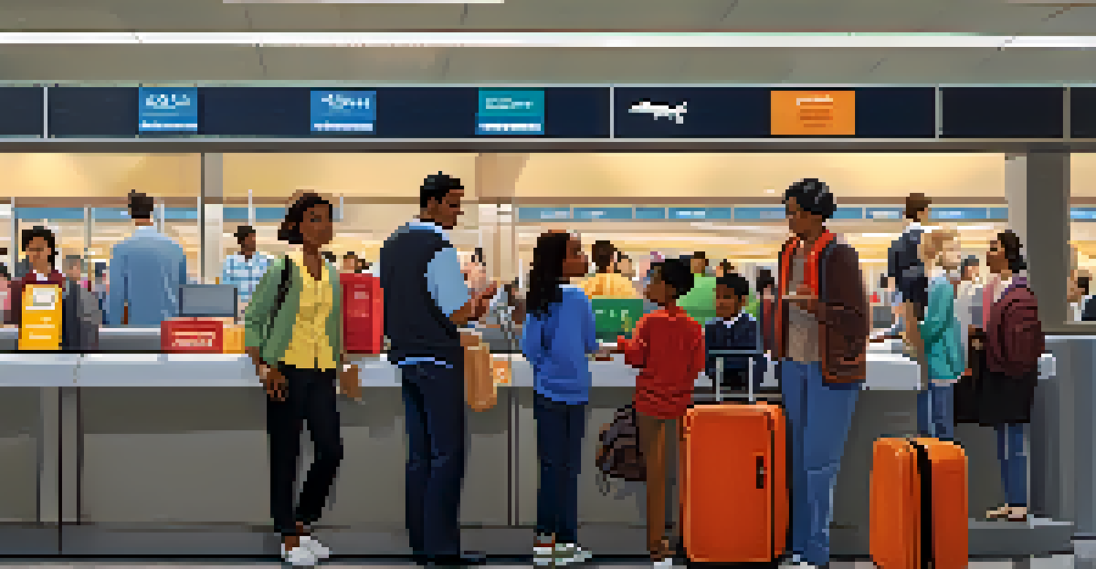 A diverse family at an airport check-in counter discussing their travel plans with an airline representative.