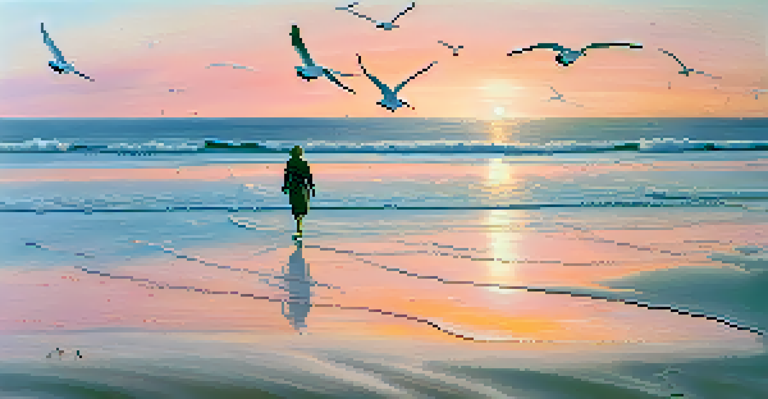A peaceful beach at sunset with soft sand, gentle waves, and a person walking along the shore.
