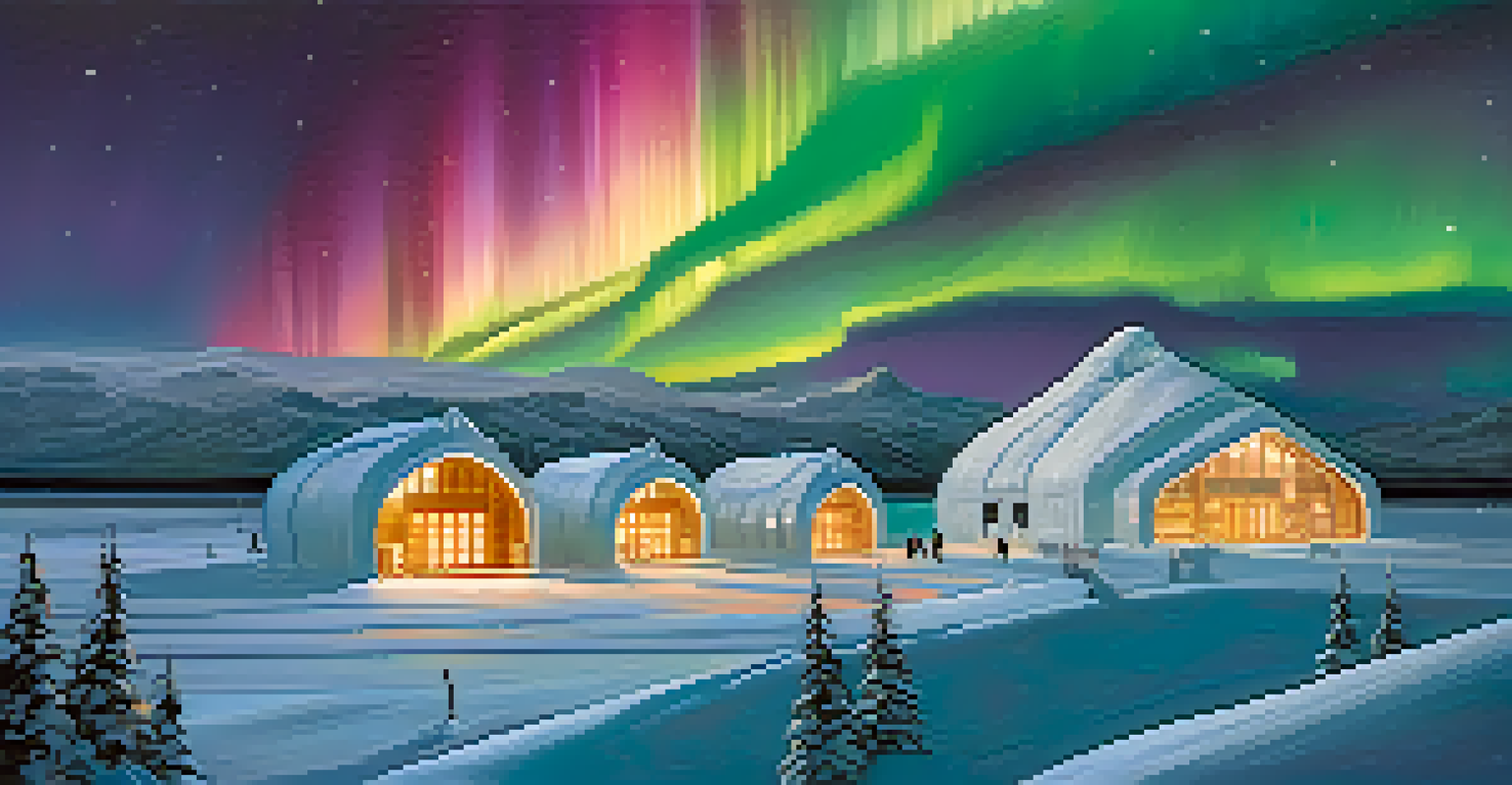 An ice hotel in Sweden illuminated by northern lights, with guests admiring the icy architecture and colorful sky.
