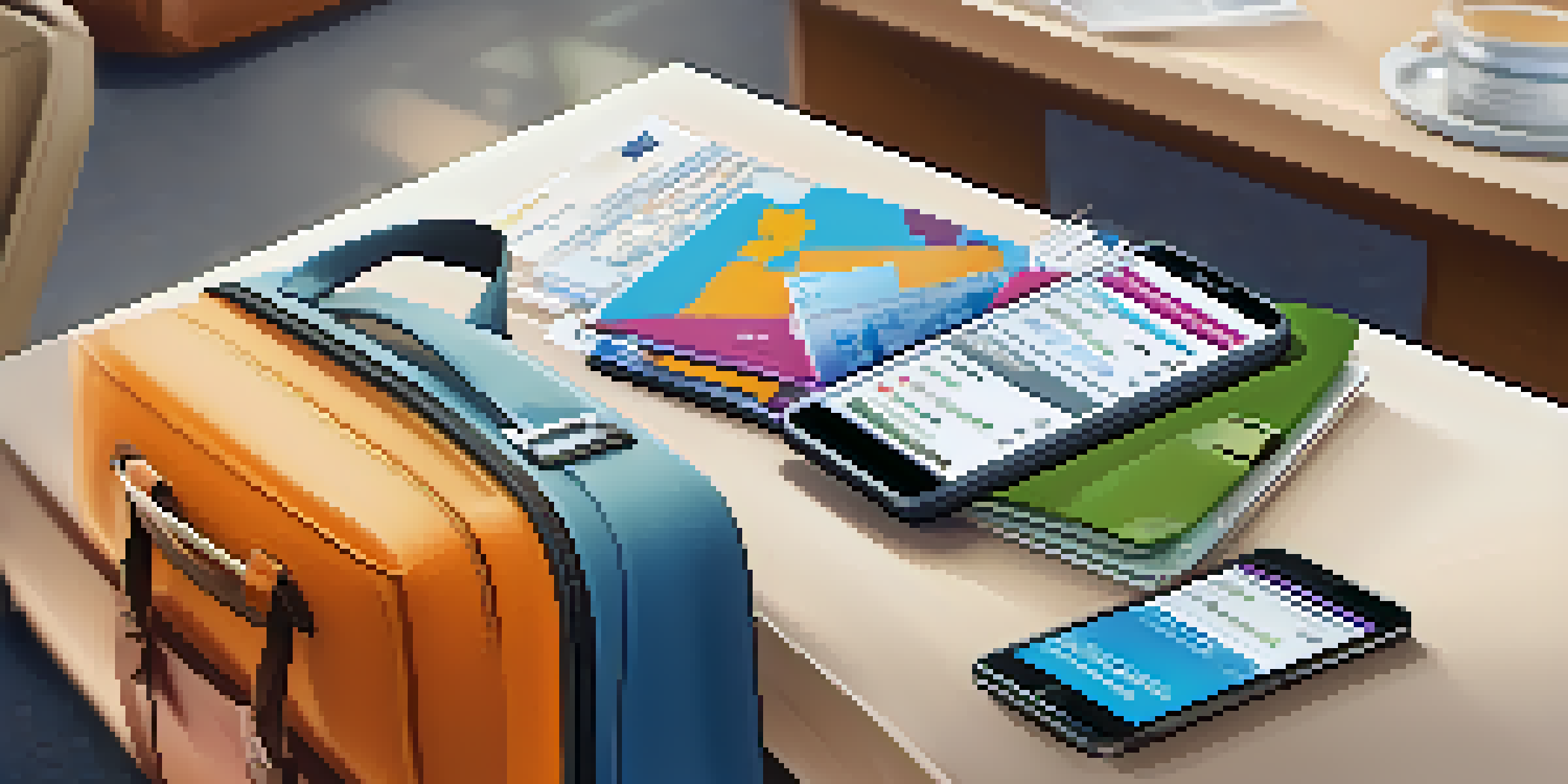 A travel document organizer with a passport and boarding pass in an airport setting, blurred travelers in the background.