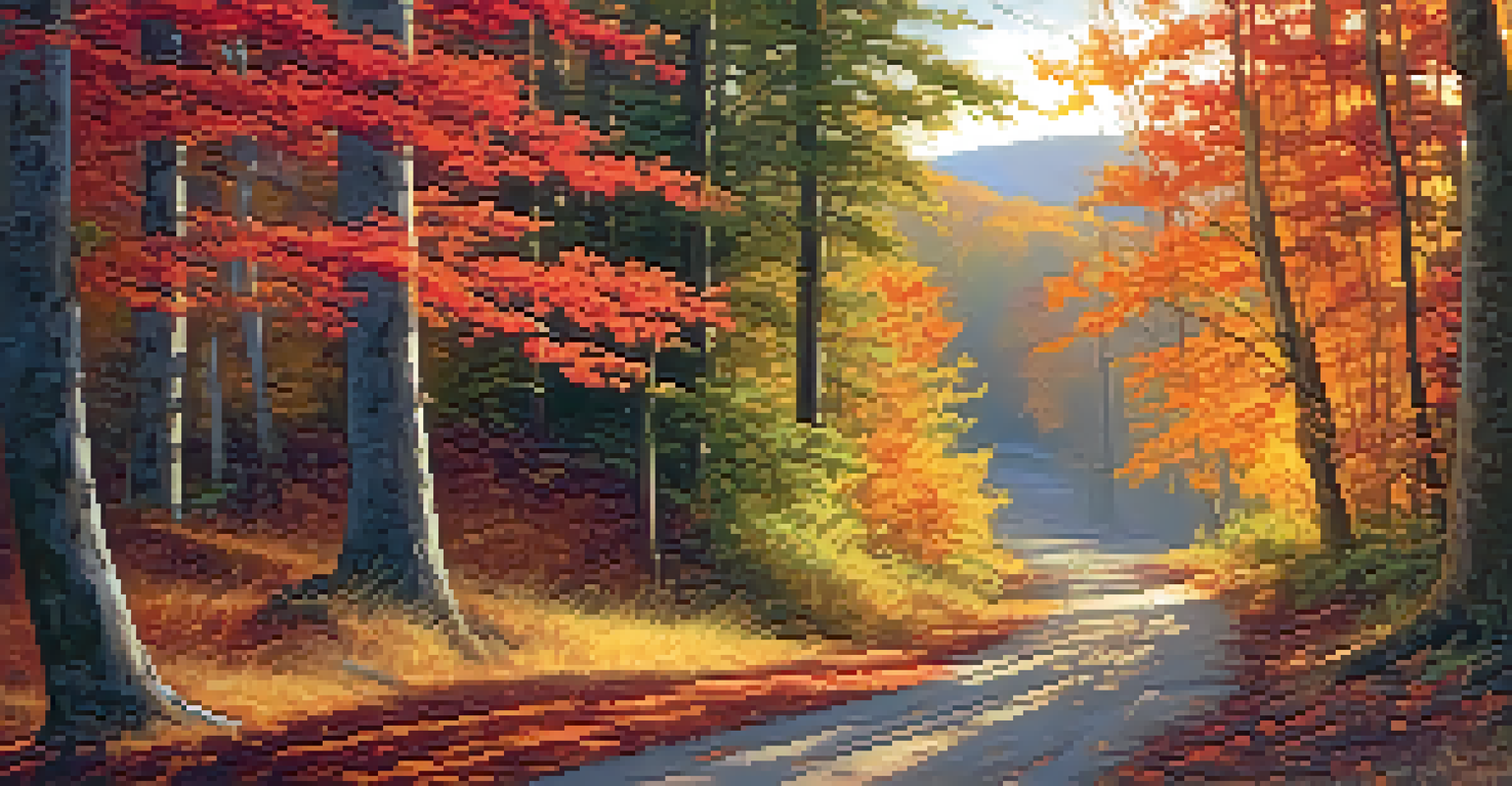 A winding trail surrounded by autumn-colored trees, with a deer grazing nearby under the golden light of the setting sun.