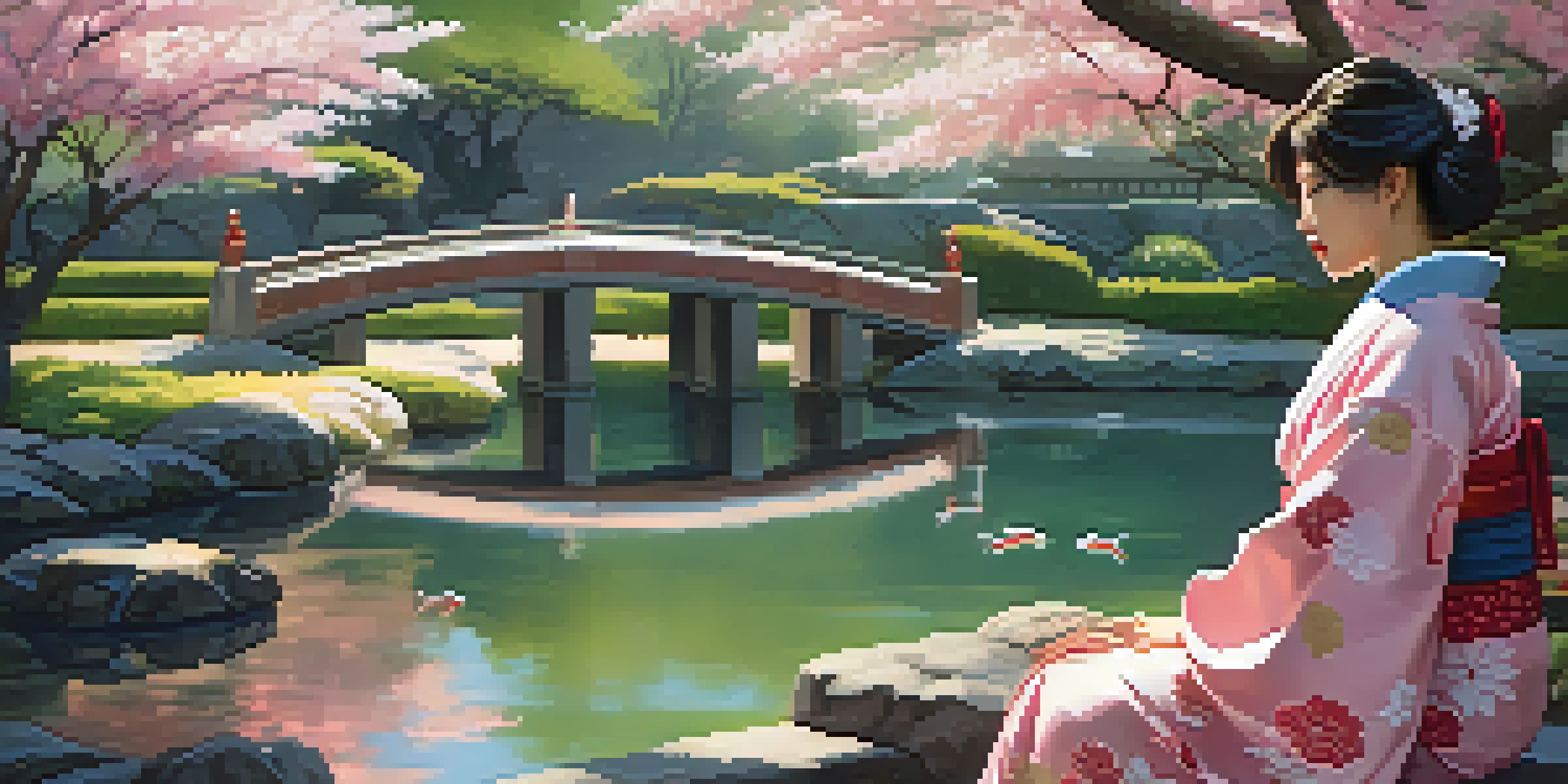 A woman in a traditional kimono stands by a koi pond in a Japanese garden, surrounded by cherry blossoms and greenery, with soft sunlight filtering through the trees.