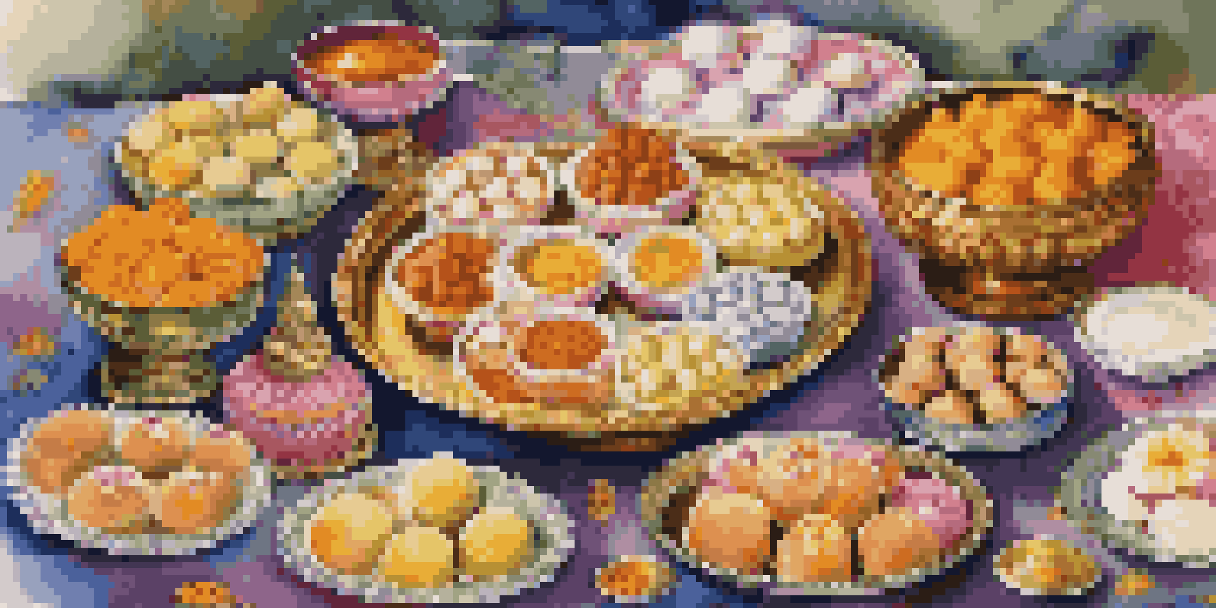 A table filled with traditional Durga Puja sweets like sandesh and rosogolla, surrounded by flowers and candles, evoking a festive atmosphere.