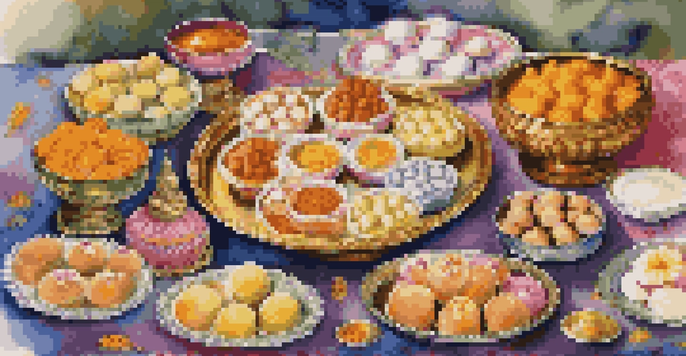 A table filled with traditional Durga Puja sweets like sandesh and rosogolla, surrounded by flowers and candles, evoking a festive atmosphere.