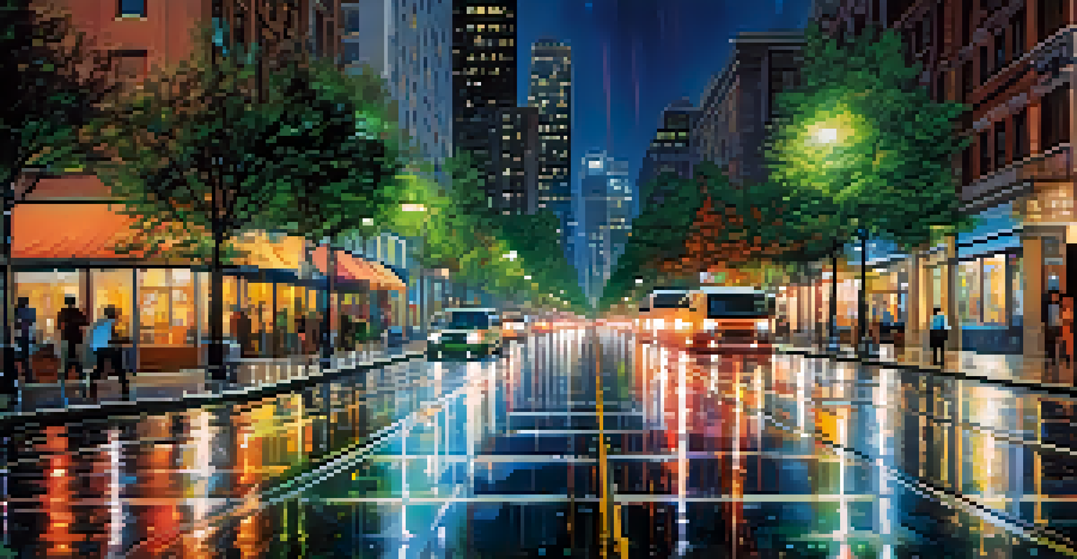 A bustling city street at night with light trails from cars and colorful reflections.