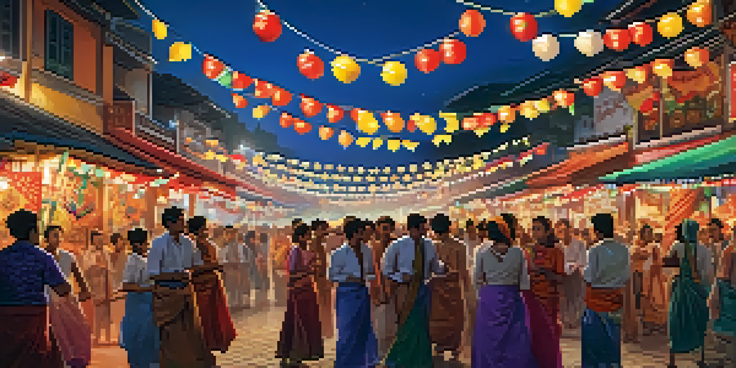 A colorful festival scene with people dancing, decorated stalls, and festive lights.