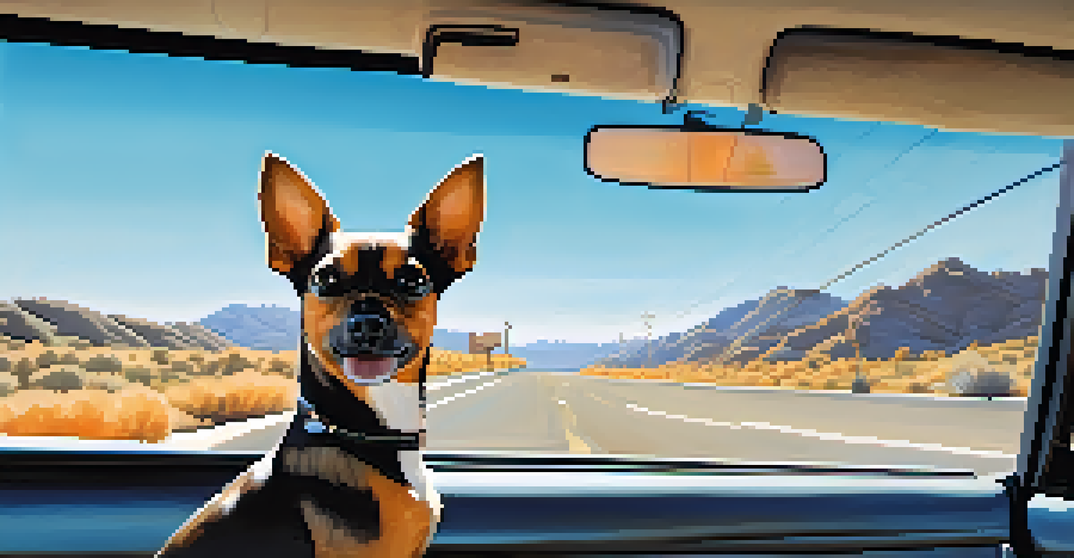 A dog secured in a car with a view of the road and blue sky.