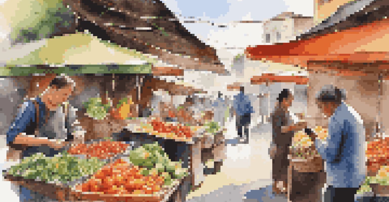 A traveler looking at a food guide on their phone in a busy local market filled with fresh produce and colorful stalls.
