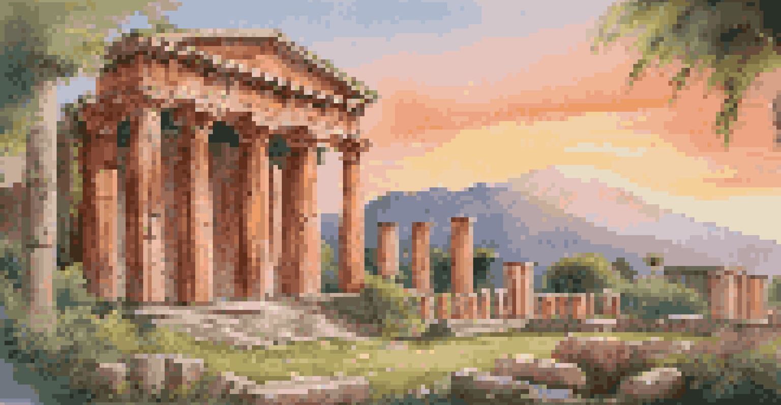 The Temple of Apollo in Pompeii, surrounded by ancient columns and greenery, illuminated by warm sunset light.