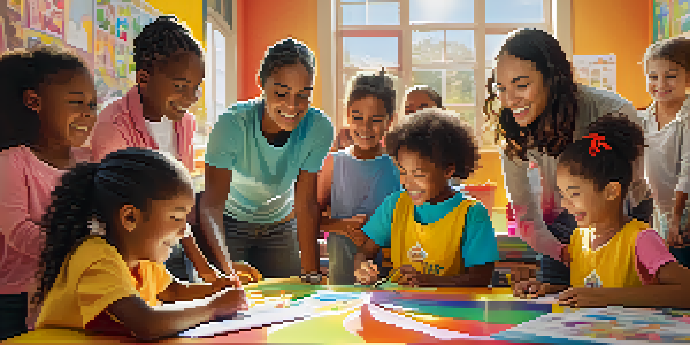 A diverse group of volunteers teaching local children in a colorful classroom filled with educational materials and warm sunlight.
