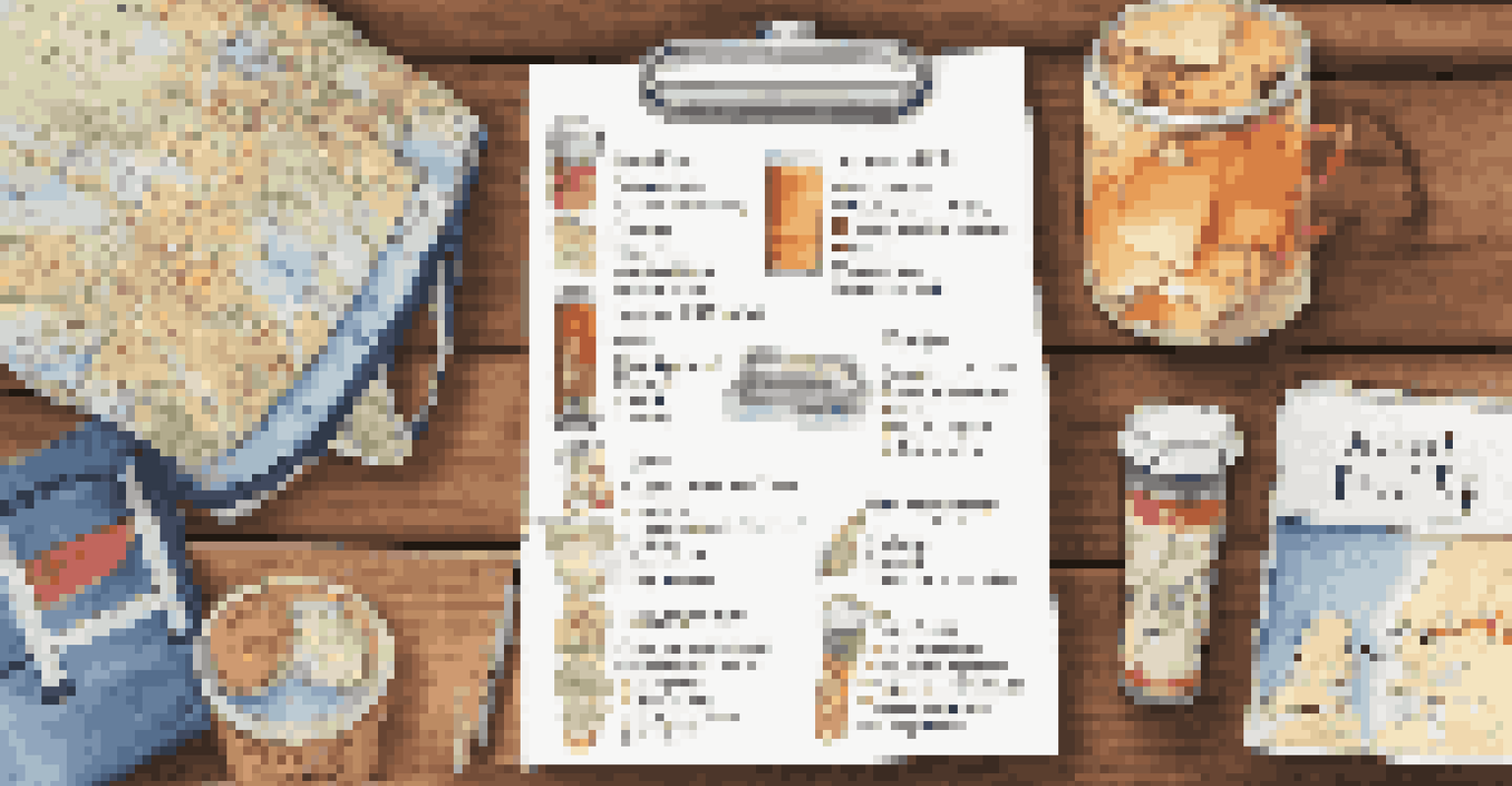 A handwritten road trip checklist on a wooden table with snacks and a travel mug, bathed in soft natural light.