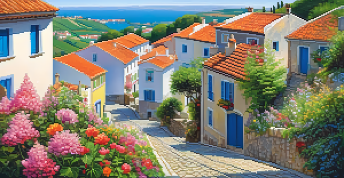 A picturesque spring landscape of a charming town in Portugal with colorful buildings and cobblestone paths.