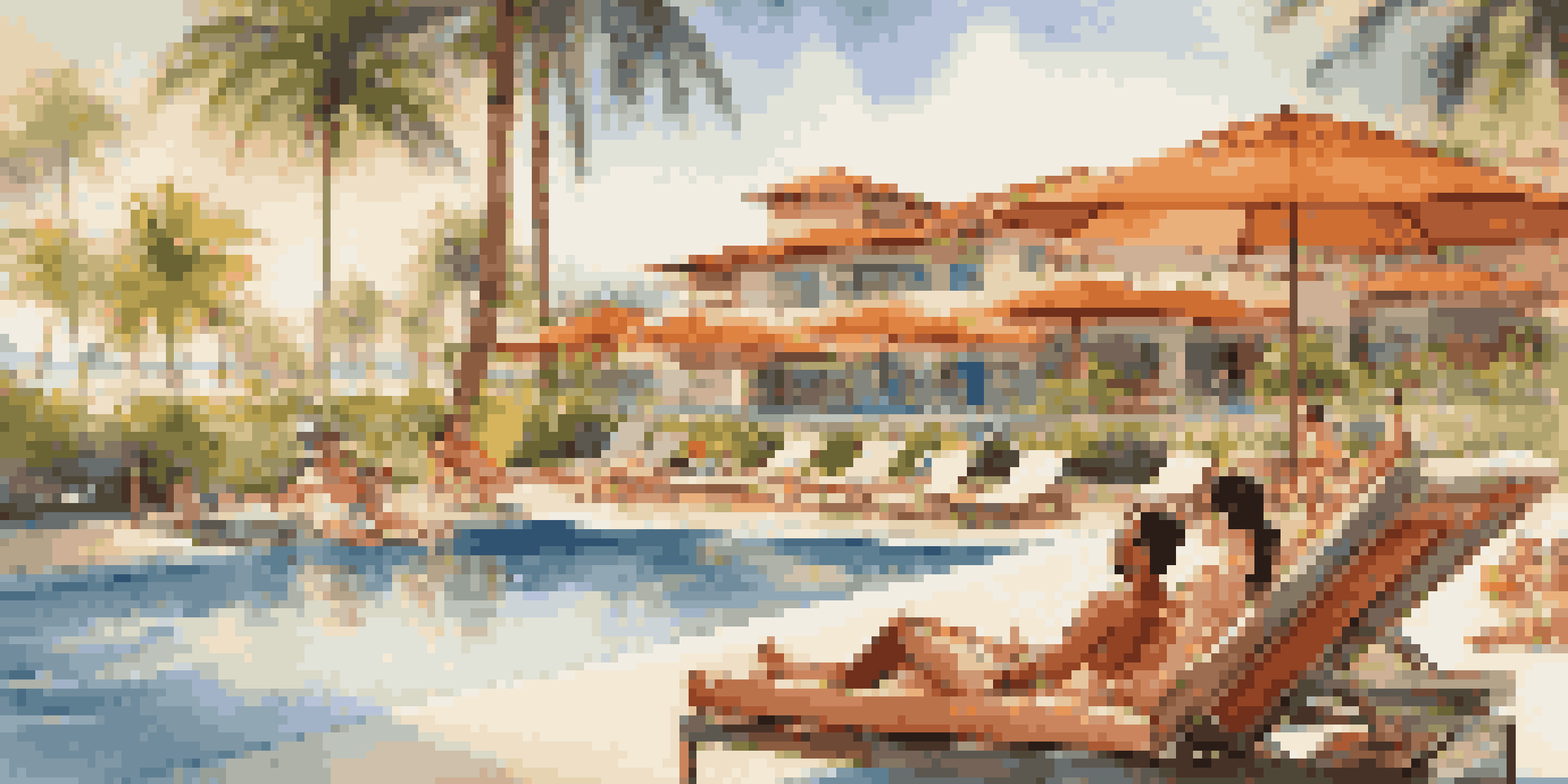 A family of four enjoying a luxurious tropical resort, relaxing by a pool with palm trees in the background.