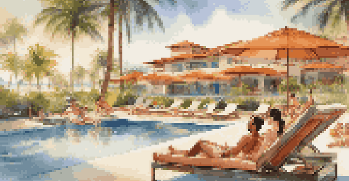 A family of four enjoying a luxurious tropical resort, relaxing by a pool with palm trees in the background.